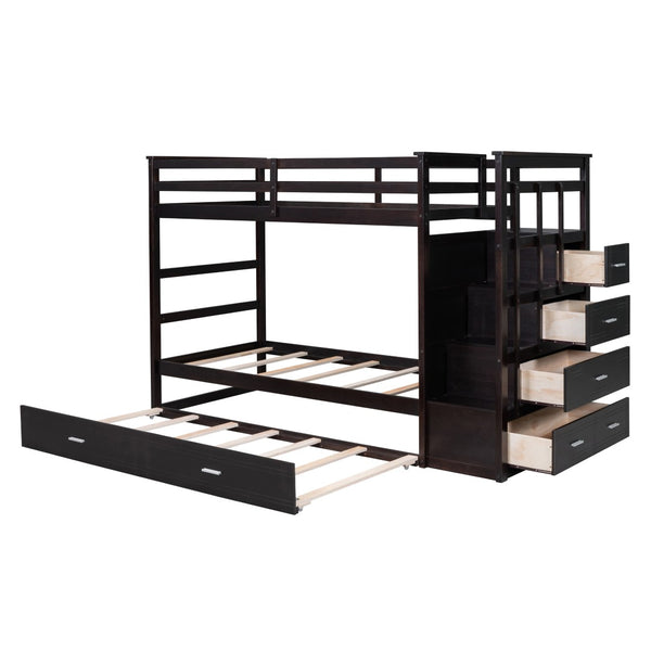 English Elm Twin Bunk Bed with Trundle Staircase Storage Drawers Solid Pine Kids Room LT000068AAP-1