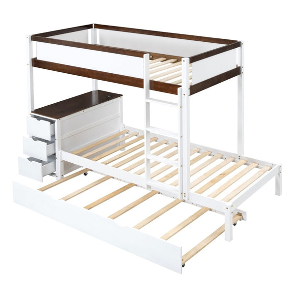 English Elm Twin-over-twin Bunk Bed with Trundle Built-in Desk Storage Drawers and Power Outlets White+Walnut LT000363AAD-1