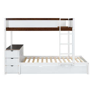 English Elm Twin-over-twin Bunk Bed with Trundle Built-in Desk Storage Drawers and Power Outlets White+Walnut LT000363AAD