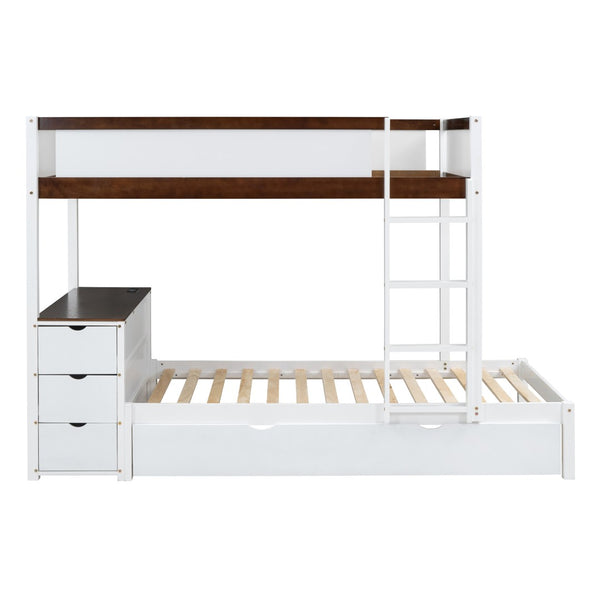 English Elm Twin-over-twin Bunk Bed with Trundle Built-in Desk Storage Drawers and Power Outlets White+Walnut LT000363AAD-1
