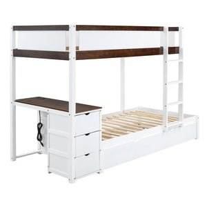 English Elm Twin-over-twin Bunk Bed with Trundle Built-in Desk Storage Drawers and Power Outlets White+Walnut LT000363AAD