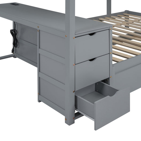 English Elm Full-over-full Bunk Bed with Trundle Desk Drawers and Built-in Power for Kids Gray LT000364AAE