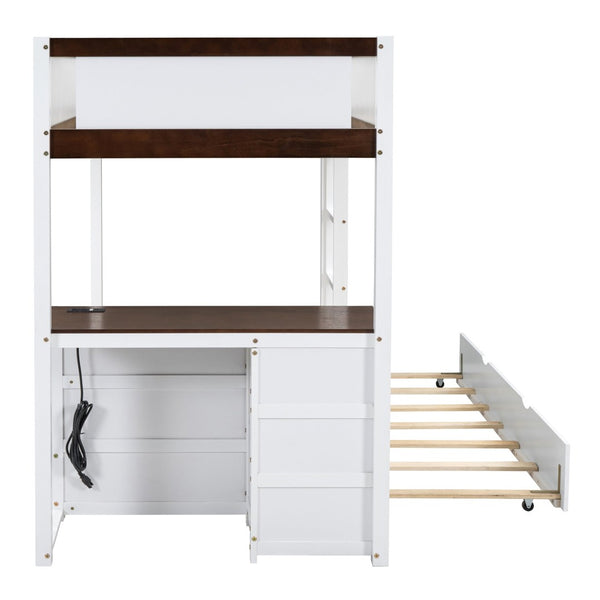 English Elm Twin-over-twin Bunk Bed with Trundle Built-in Desk Storage Drawers and Power Outlets White+Walnut LT000363AAD-1
