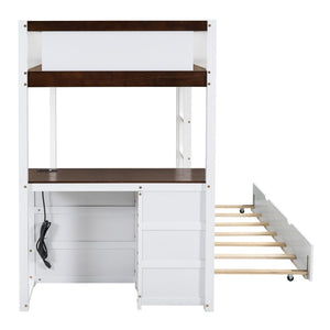 English Elm Twin-over-twin Bunk Bed with Trundle Built-in Desk Storage Drawers and Power Outlets White+Walnut LT000363AAD