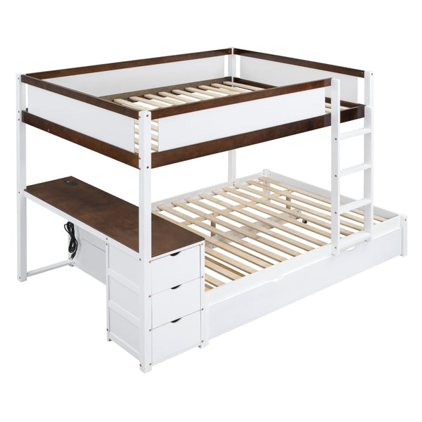 English Elm Full-over-full Bunk Bed with Trundle Desk Drawers and Built-in Power for Kids White+Walnut LT000364AAD