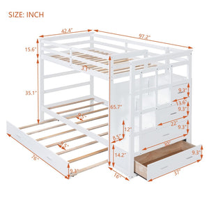 English Elm Twin Bunk Bed with Trundle Staircase Storage Drawers Solid Pine Kids Room LT000068AAK-1