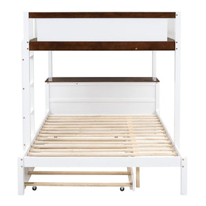 English Elm Full-over-full Bunk Bed with Trundle Desk Drawers and Built-in Power for Kids White+Walnut LT000364AAD