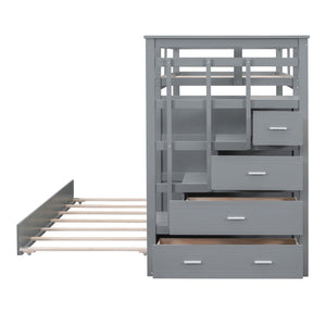 English Elm Twin Bunk Bed with Trundle Staircase Storage Drawers Solid Pine Kids Room LT000068AAE-1
