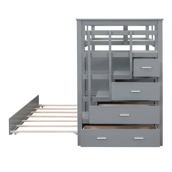 English Elm Twin Bunk Bed with Trundle Staircase Storage Drawers Solid Pine Kids Room LT000068AAE-1