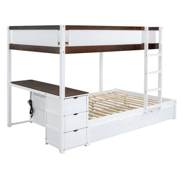 English Elm Full-over-full Bunk Bed with Trundle Desk Drawers and Built-in Power for Kids LT000364AAD-1