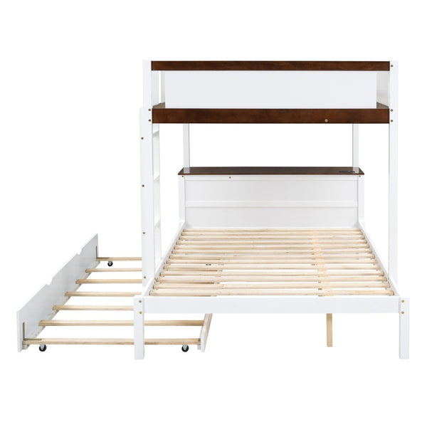 English Elm Full-over-full Bunk Bed with Trundle Desk Drawers and Built-in Power for Kids White+Walnut LT000364AAD