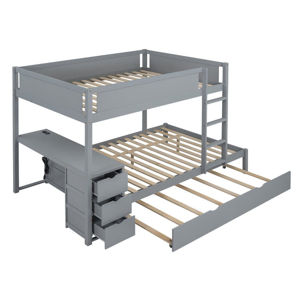 English Elm Full-over-full Bunk Bed with Trundle Desk Drawers and Built-in Power for Kids Gray LT000364AAE