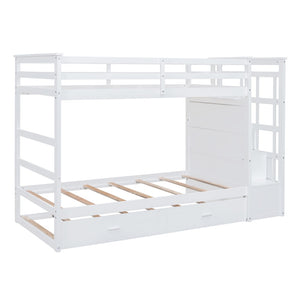 English Elm Twin Bunk Bed with Trundle Staircase Storage Drawers Solid Pine Kids Room LT000068AAK-1