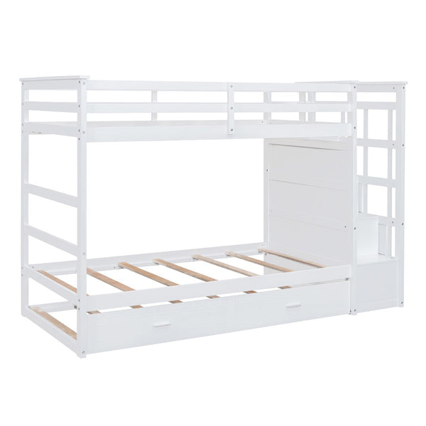 English Elm Twin Bunk Bed with Trundle Staircase Storage Drawers Solid Pine Kids Room LT000068AAK-1