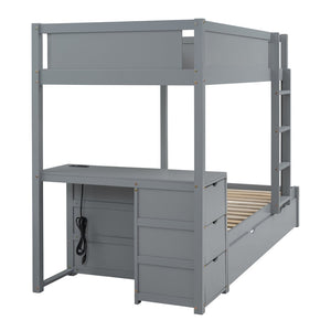 English Elm Twin-over-twin Bunk Bed with Trundle Built-in Desk Storage Drawers and Power Outlets Gray LT000363AAE-1