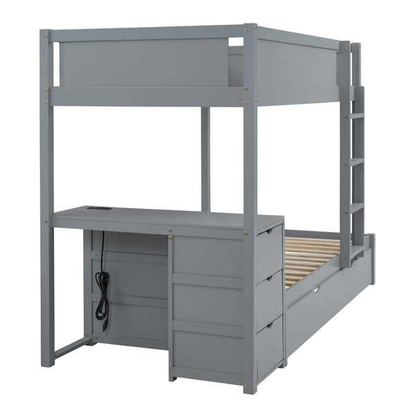 English Elm Twin-over-twin Bunk Bed with Trundle Built-in Desk Storage Drawers and Power Outlets Gray LT000363AAE-1