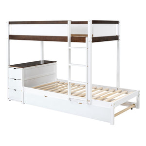 English Elm Twin-over-twin Bunk Bed with Trundle Built-in Desk Storage Drawers and Power Outlets White+Walnut LT000363AAD-1