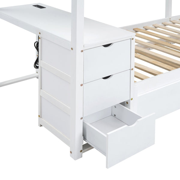 English Elm Twin-over-twin Bunk Bed with Trundle Built-in Desk Storage Drawers and Power Outlets White LT000363AAK-1