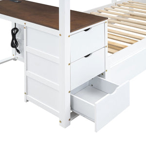 English Elm Twin-over-twin Bunk Bed with Trundle Built-in Desk Storage Drawers and Power Outlets White+Walnut LT000363AAD