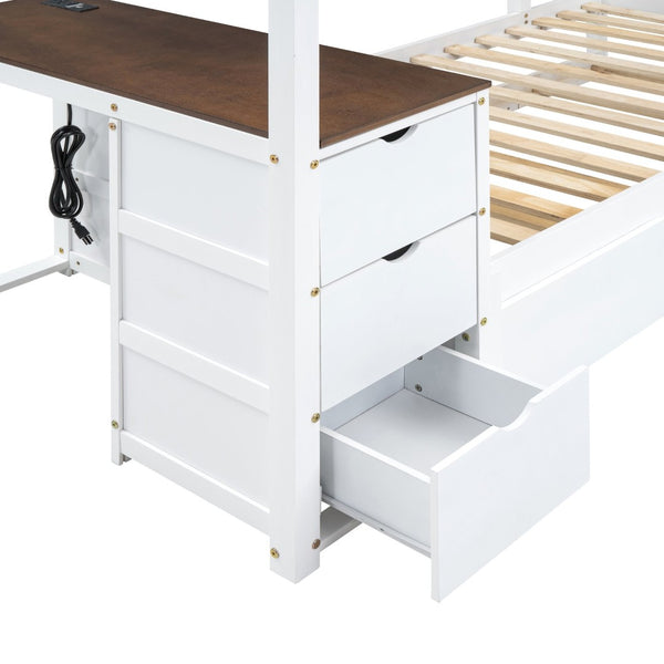 English Elm Twin-over-twin Bunk Bed with Trundle Built-in Desk Storage Drawers and Power Outlets White+Walnut LT000363AAD-1