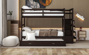 English Elm Twin Bunk Bed with Trundle Staircase Storage Drawers Solid Pine Kids Room LT000068AAP-1