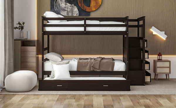 English Elm Twin Bunk Bed with Trundle Staircase Storage Drawers Solid Pine Kids Room LT000068AAP-1