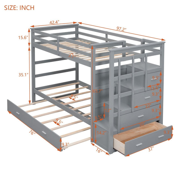 English Elm Twin Bunk Bed with Trundle Staircase Storage Drawers Solid Pine Kids Room LT000068AAE-1