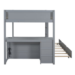 English Elm Full-over-full Bunk Bed with Trundle Desk Drawers and Built-in Power for Kids Gray LT000364AAE