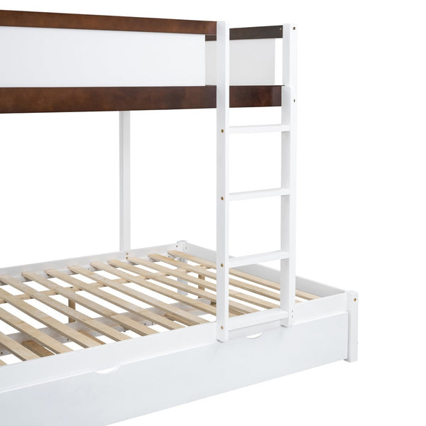 English Elm Full-over-full Bunk Bed with Trundle Desk Drawers and Built-in Power for Kids White+Walnut LT000364AAD