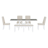 English Elm Trexm 6-Piece Classic Dining Table Set, Rectangular Extendable Dining Table With Two 12"W Removable Leaves and 4 Upholstered Chairs & 1 Bench For Dining Room (Brown+White)