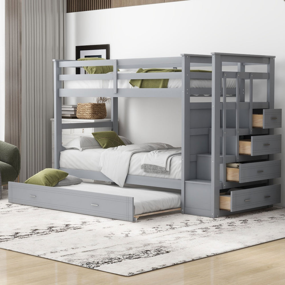 English Elm Twin Bunk Bed with Trundle Staircase Storage Drawers Solid Pine Kids Room LT000068AAE-1
