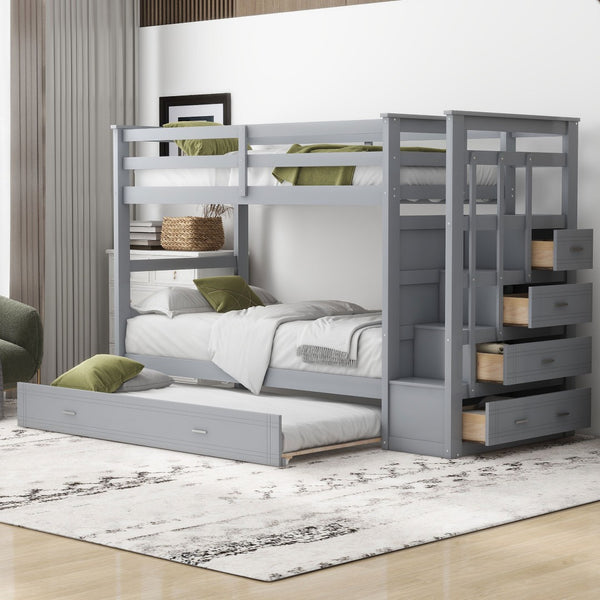 English Elm Twin Bunk Bed with Trundle Staircase Storage Drawers Solid Pine Kids Room LT000068AAE-1