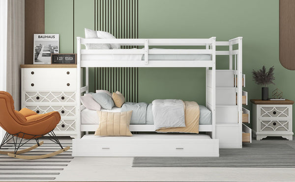 English Elm Twin Bunk Bed with Trundle Staircase Storage Drawers Solid Pine Kids Room LT000068AAK-1