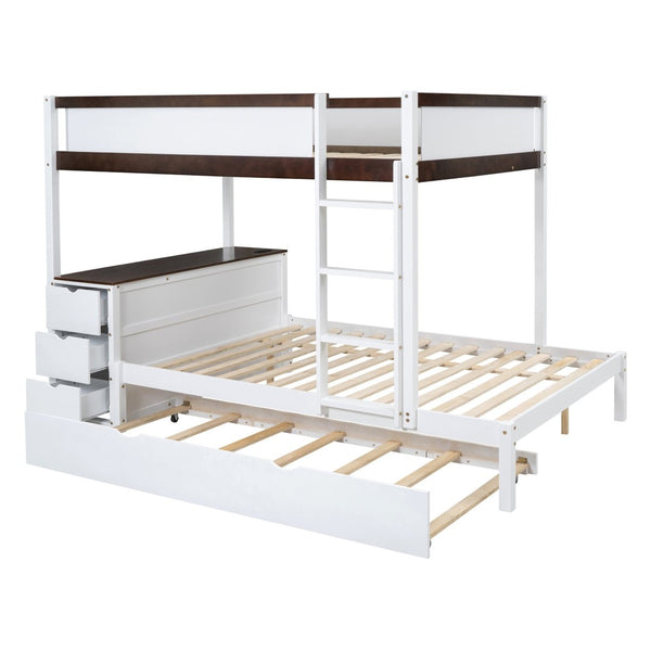 English Elm Full-over-full Bunk Bed with Trundle Desk Drawers and Built-in Power for Kids White+Walnut LT000364AAD