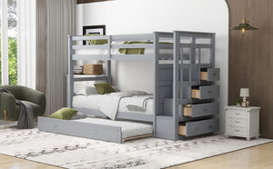 English Elm Twin Bunk Bed with Trundle Staircase Storage Drawers Solid Pine Kids Room LT000068AAE-1
