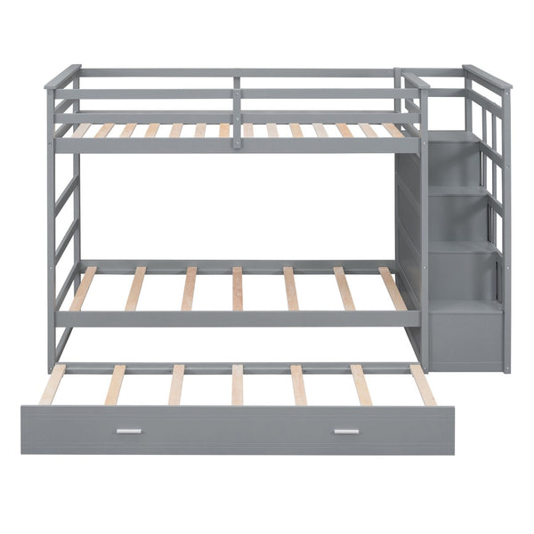 English Elm Twin Bunk Bed with Trundle Staircase Storage Drawers Solid Pine Kids Room LT000068AAE-1