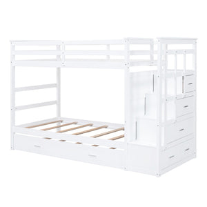 English Elm Twin Bunk Bed with Trundle Staircase Storage Drawers Solid Pine Kids Room LT000068AAK-1
