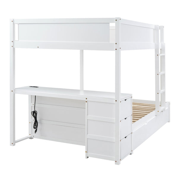 English Elm Full-over-full Bunk Bed with Trundle Desk Drawers and Built-in Power for Kids LT000364AAK