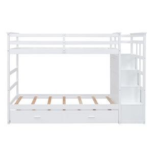 English Elm Twin Bunk Bed with Trundle Staircase Storage Drawers Solid Pine Kids Room LT000068AAK-1