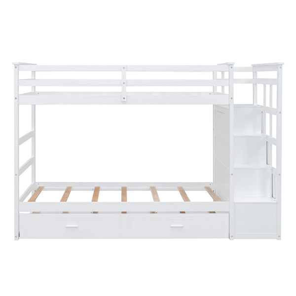 English Elm Twin Bunk Bed with Trundle Staircase Storage Drawers Solid Pine Kids Room LT000068AAK-1