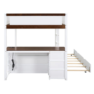 English Elm Full-over-full Bunk Bed with Trundle Desk Drawers and Built-in Power for Kids LT000364AAD-1