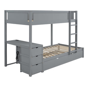 English Elm Twin-over-twin Bunk Bed with Trundle Built-in Desk Storage Drawers and Power Outlets Gray LT000363AAE-1