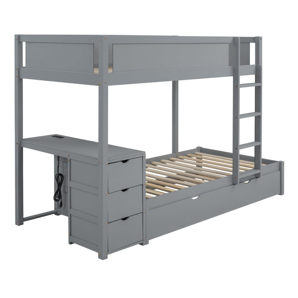 English Elm Twin-over-twin Bunk Bed with Trundle Built-in Desk Storage Drawers and Power Outlets Gray LT000363AAE-1