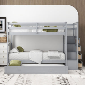 English Elm Twin Bunk Bed with Trundle Staircase Storage Drawers Solid Pine Kids Room LT000068AAE-1
