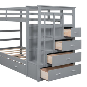 English Elm Twin Bunk Bed with Trundle Staircase Storage Drawers Solid Pine Kids Room LT000068AAE-1