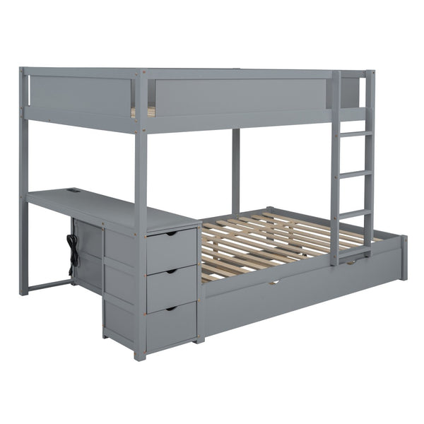 English Elm Full-over-full Bunk Bed with Trundle Desk Drawers and Built-in Power for Kids Gray LT000364AAE