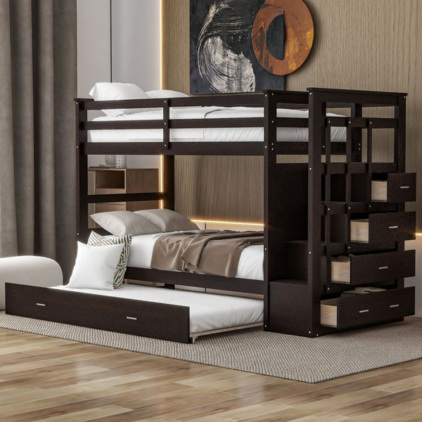 English Elm Twin Bunk Bed with Trundle Staircase Storage Drawers Solid Pine Kids Room LT000068AAP-1