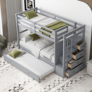 English Elm Twin Bunk Bed with Trundle Staircase Storage Drawers Solid Pine Kids Room LT000068AAE-1