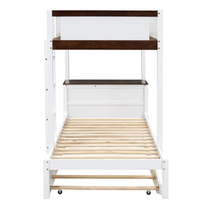 English Elm Twin-over-twin Bunk Bed with Trundle Built-in Desk Storage Drawers and Power Outlets White+Walnut LT000363AAD-1