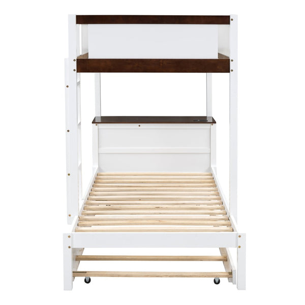 English Elm Twin-over-twin Bunk Bed with Trundle Built-in Desk Storage Drawers and Power Outlets White+Walnut LT000363AAD-1